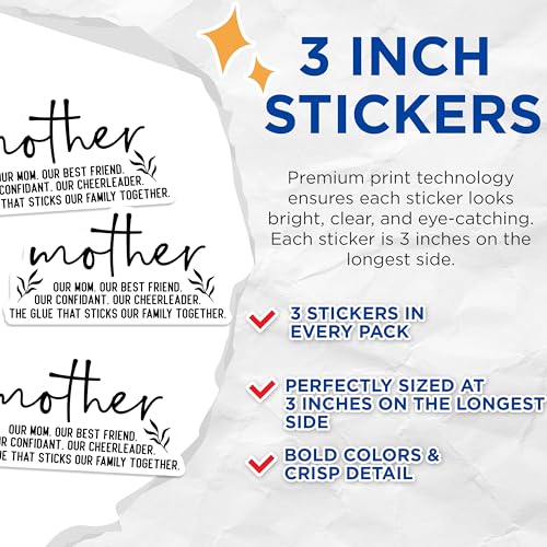(3 Pack) Mother Decals - Mom Friend Cheerleader - Family Glue Sticker- 3 Inches On Longest Side - Easy Peel & Apply - Made in USA - 3MCS5443