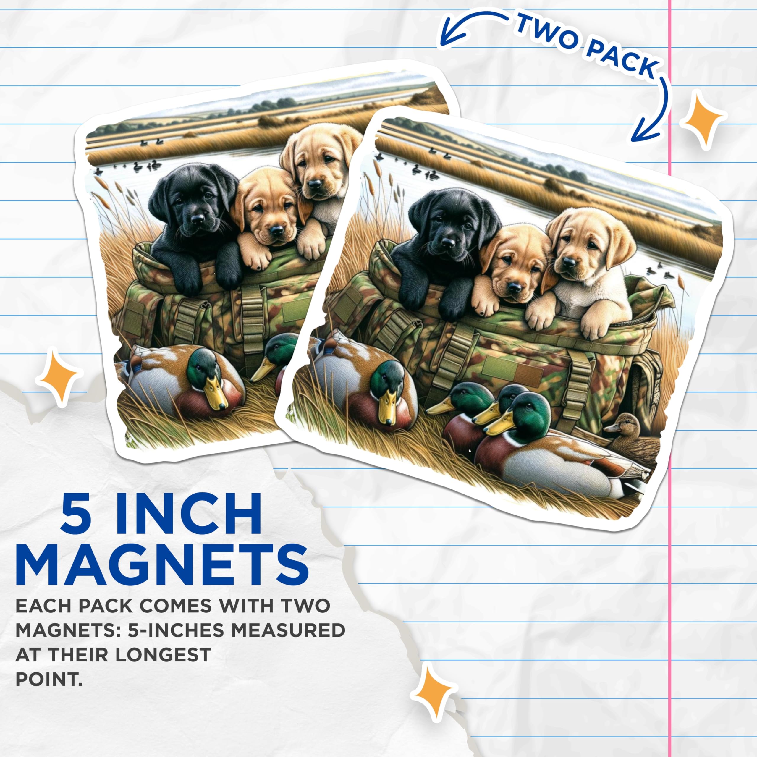 (2 Pack) Labrador Puppies Magnets - Retriever Duck Hunting Dogs - Wildlife Art Marsh Scene - Mallard Ducks Decor - 5 Inches On Longest Side - Thick Durable Magnet - Made in USA - MAG19789