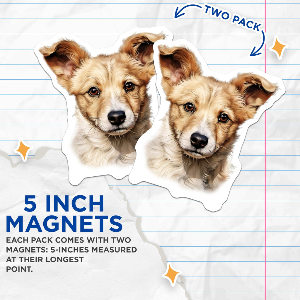 (2 Pack) Cute Puppy Magnets - Dog Lover Fridge Decor - Pet Animal Locker Accessory - Adorable Puppy Face Illustration - 5 Inches On Longest Side - Thick Durable Magnet - Made in USA - MAG25976