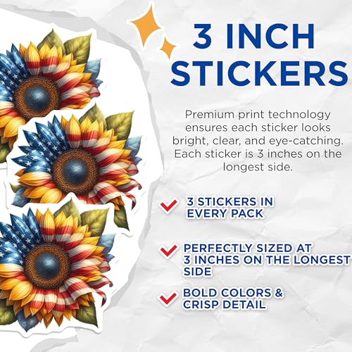 (3 Pack) American Sunflower Decals - Patriotic Flower Art - USA Flag Stickers - 3 Inches On Longest Side - Easy Peel & Apply - Made in USA - 3MCS4101