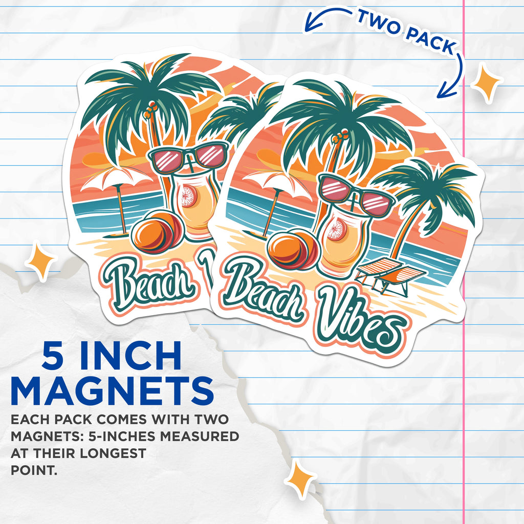 (2 Pack) Beach Vibes Magnets - Tropical Summer Decor - Retro Vacation Scene - Island Life Accessories - 5 Inches On Longest Side - Thick Durable Magnet - Made in USA - MAG38552