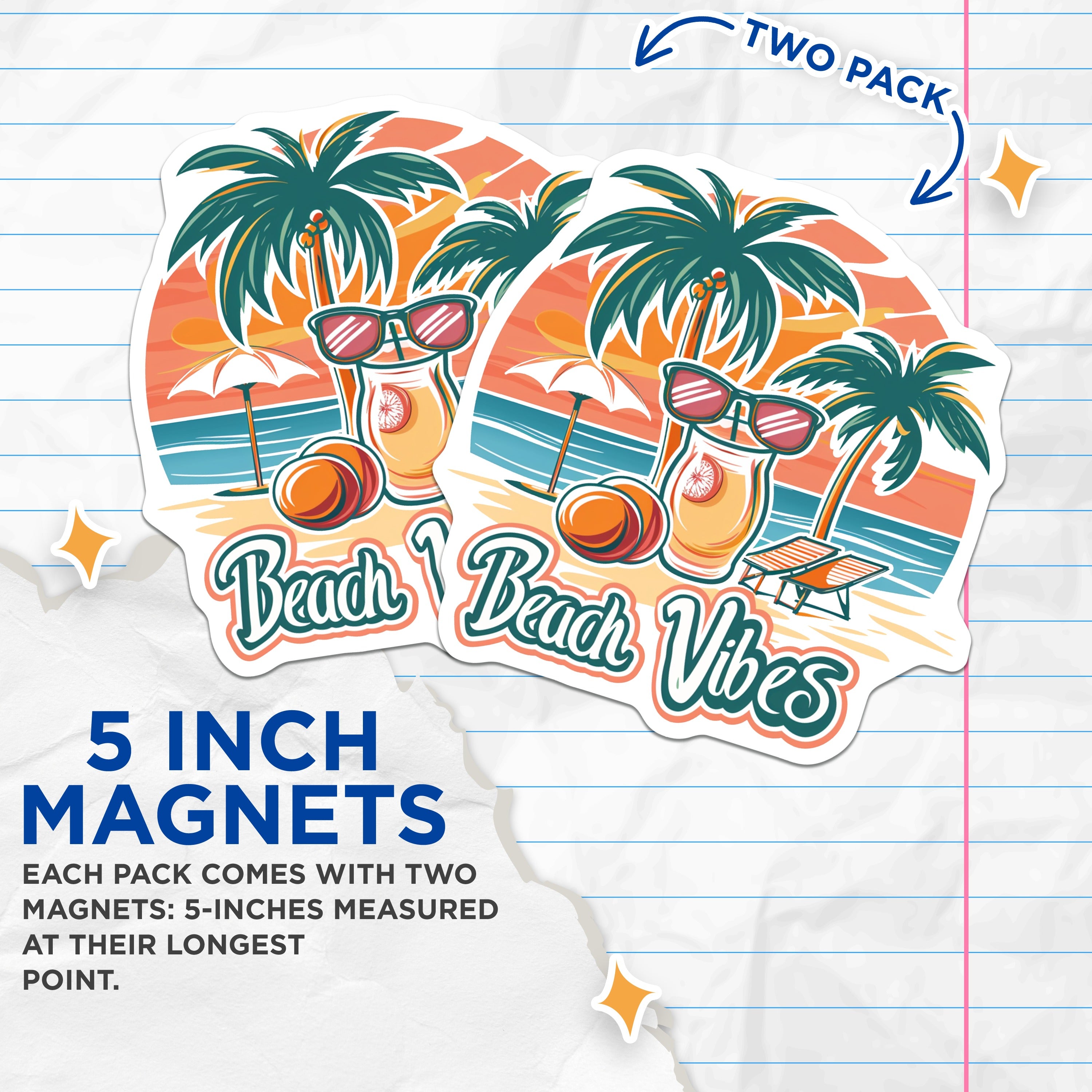(2 Pack) Beach Vibes Magnets - Tropical Summer Decor - Retro Vacation Scene - Island Life Accessories - 5 Inches On Longest Side - Thick Durable Magnet - Made in USA - MAG38552