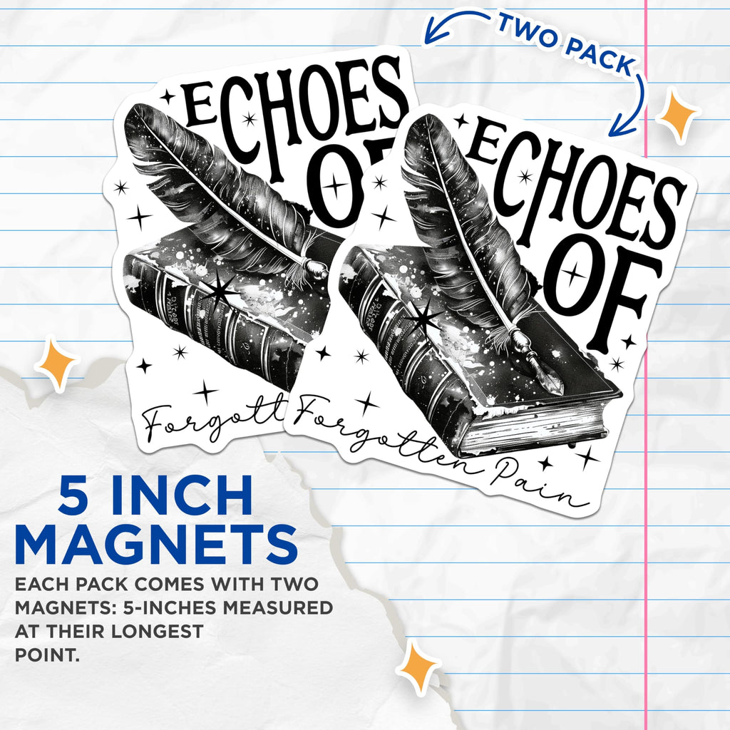 (2 Pack) Echoes of Forgotten Pain Magnets - Book and Quill Art Magnets - Literary Decor Magnets for Writers - 5" On Longest Side - for Cars, Refrigerators, Toolboxes, Lockers - Made in USA BMCS3447