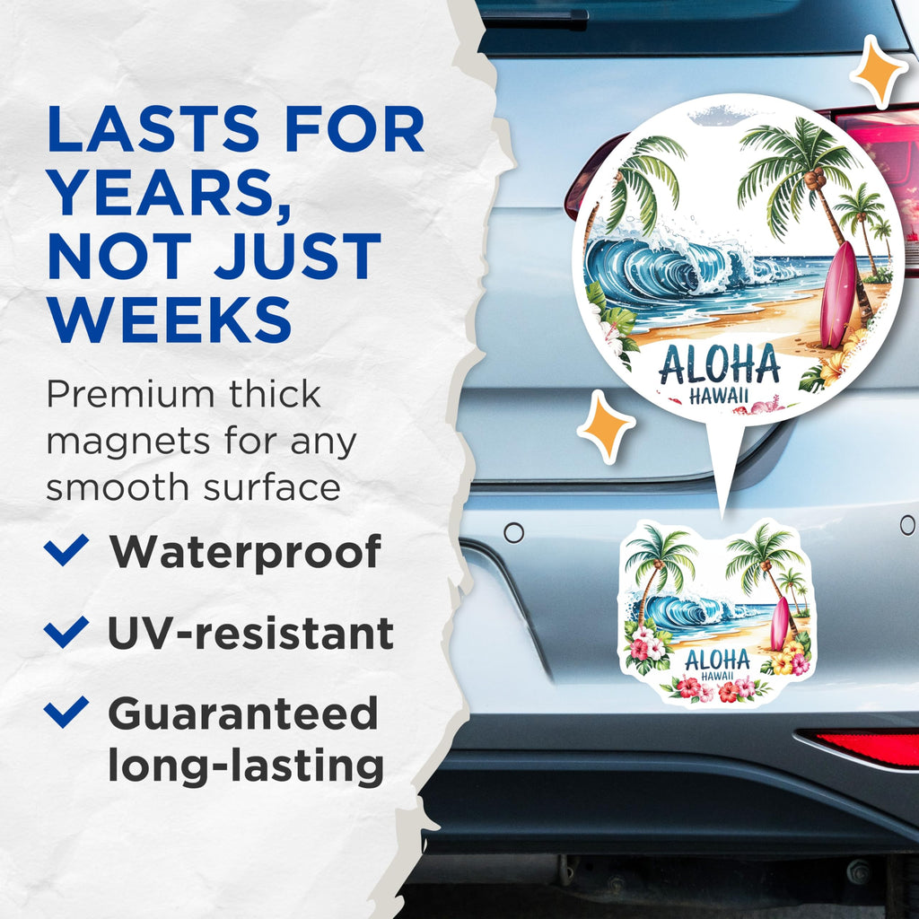 (2 Pack) Aloha Hawaii Magnets - Tropical Beach Ocean Wave Surfboard Palm Tree - Hibiscus Flower Island Scene Decor - 5 Inches On Longest Side - Thick Durable Magnet - Made in USA - MAG19892