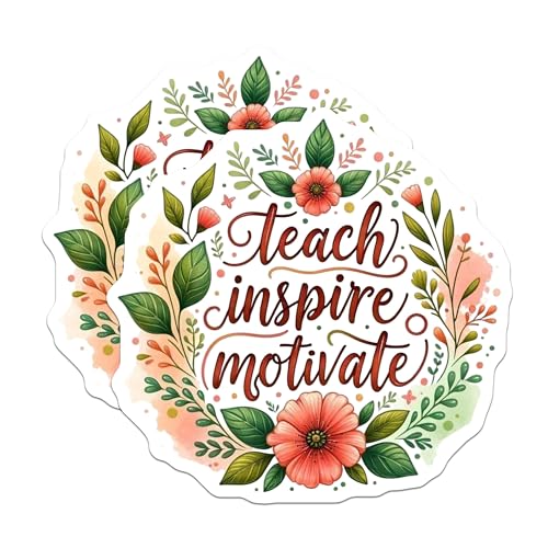 (2 Pack) Teach Inspire Motivate Stickers - Inspirational Quote Stickers - Motivational Floral Stickers for Teachers - 5" On Longest Side - Sticks to Smooth Flat Surfaces - Made in USA - BMCS4421
