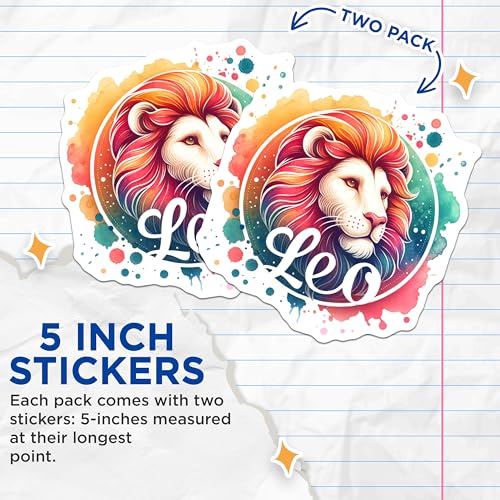 (2 Pack) Leo Zodiac Stickers - Colorful Lion Art - Astrology Sign Stickers - 5" On Longest Side - Sticks to Smooth Flat Surfaces - Made in USA - BMCS6719