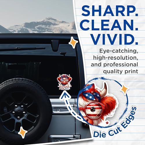 (2 Pack) Red White and Moo Stickers - Patriotic Cow Stickers - USA Flag Animal Stickers - 5" On Longest Side - Sticks to Any Smooth Flat Surface - Made in USA - BMCS2718