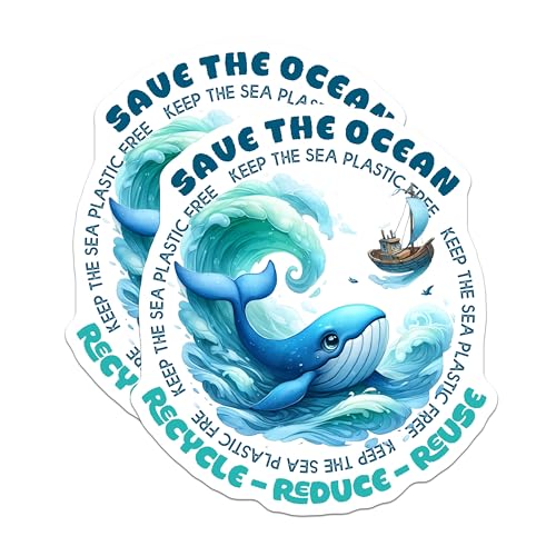(2 Pack) Save The Ocean Stickers - Recycle Reduce Reuse - Keep The Sea Plastic-Free - 5" On Longest Side - Sticks to Smooth Flat Surfaces - Made in USA - BMCS7956