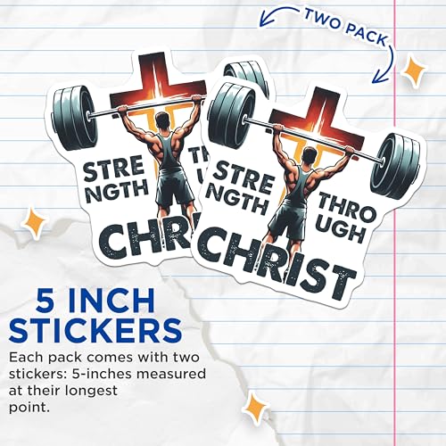 (2 Pack) Strength Through Christ Stickers - Fitness Motivation - Christian Inspirational Decal - 5" On Longest Side - Sticks to Smooth Flat Surfaces - Made in USA - BMCS9655