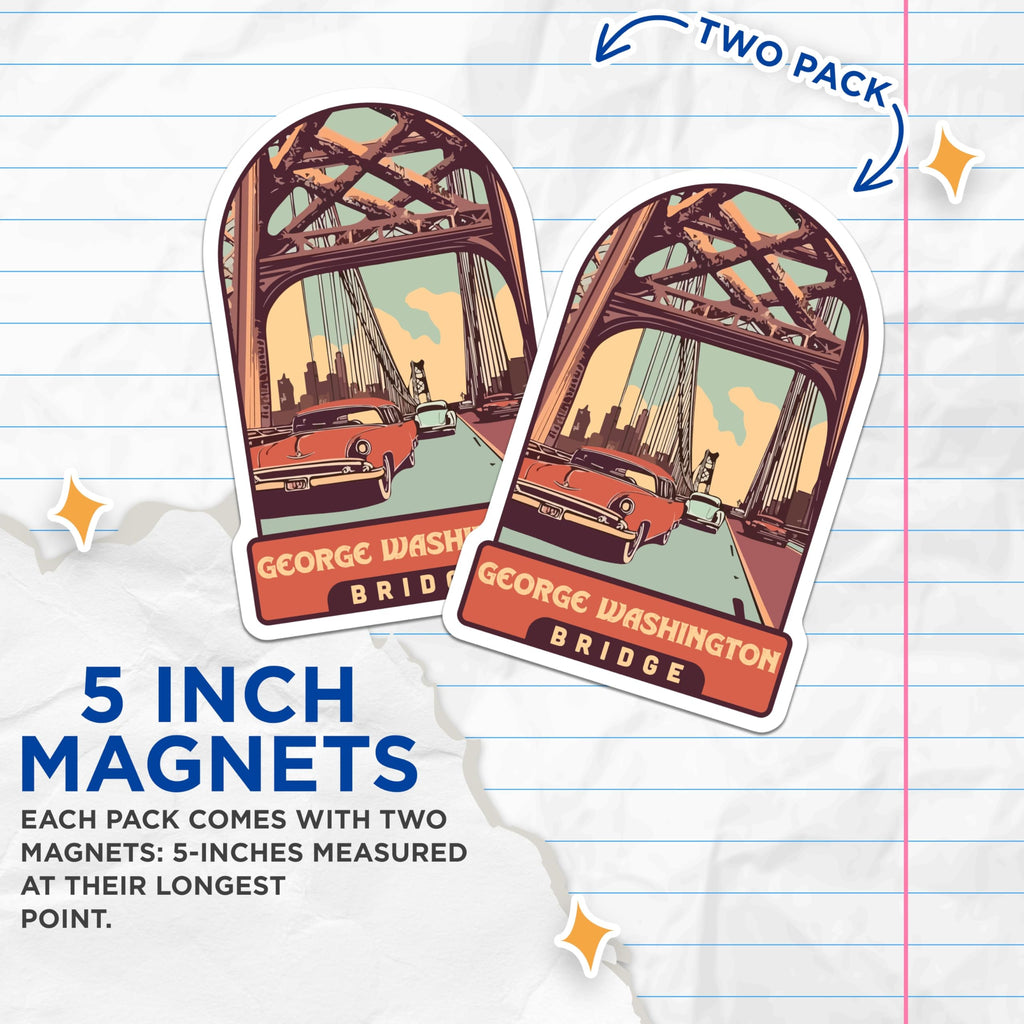(2 Pack) George Washington Bridge Magnets - Vintage Car Illustration - NYC Landmark Art - 5 Inches On Longest Side - Thick Durable Magnet - Made in USA - MAG20050