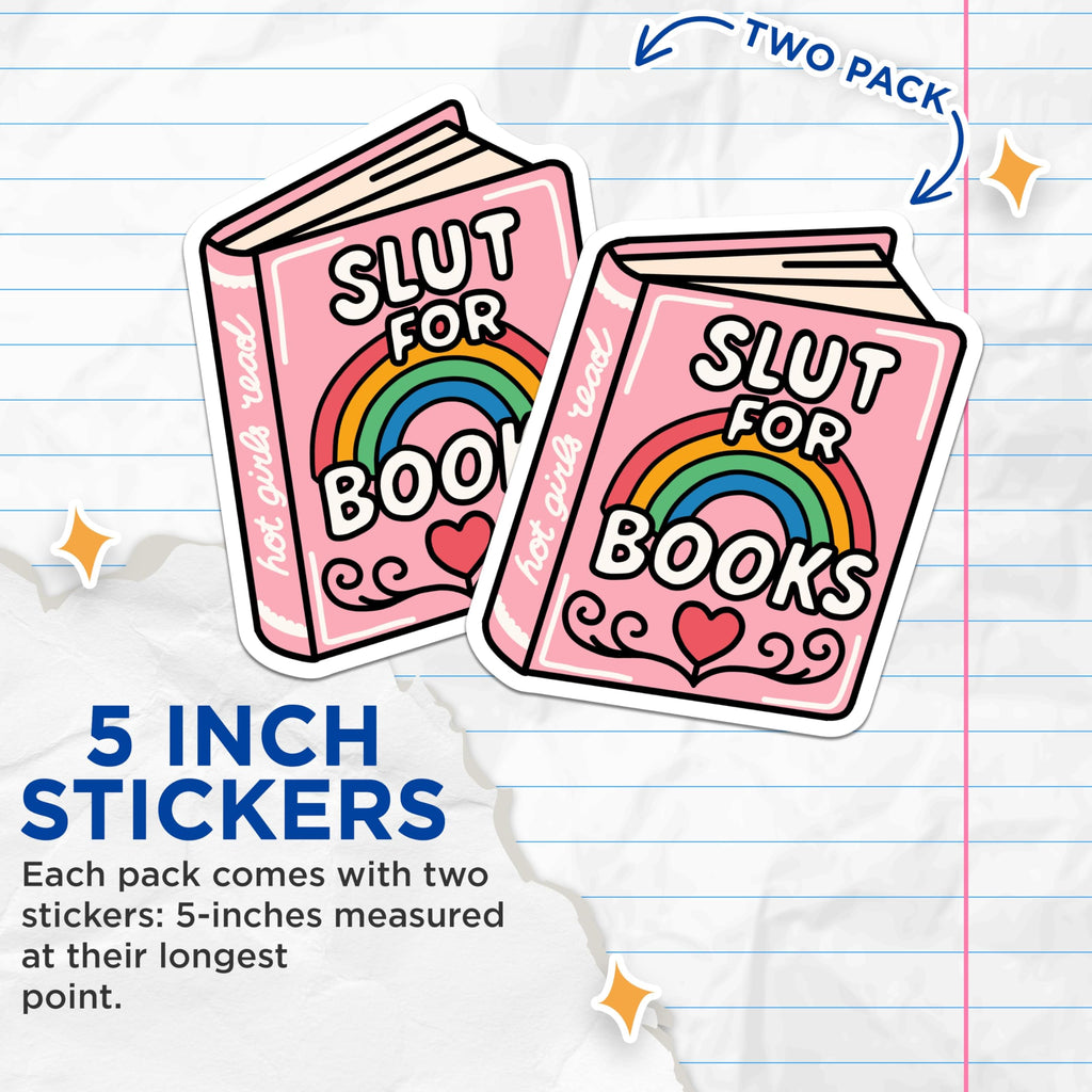 (2 Pack) Slut for Books Stickers - Funny Book Lover - Rainbow Heart Stickers 5" On Longest Side - Sticks to Smooth Flat Surfaces - Made in USA - BMCS12402
