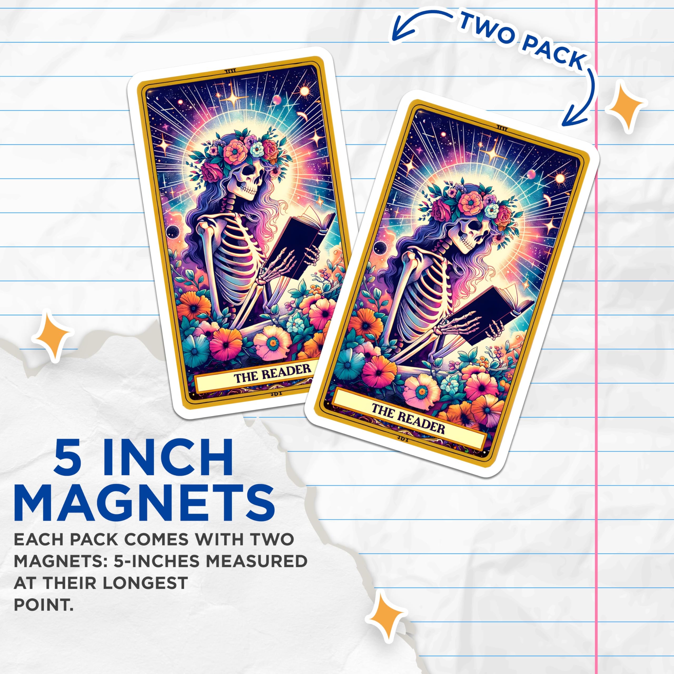 (2 Pack) The Reader Tarot Card Magnets - Skeleton Reading Book Art - Cosmic Floral Aesthetic Decor - 5 Inches On Longest Side - Thick Durable Magnet - Made in USA - MAG22250