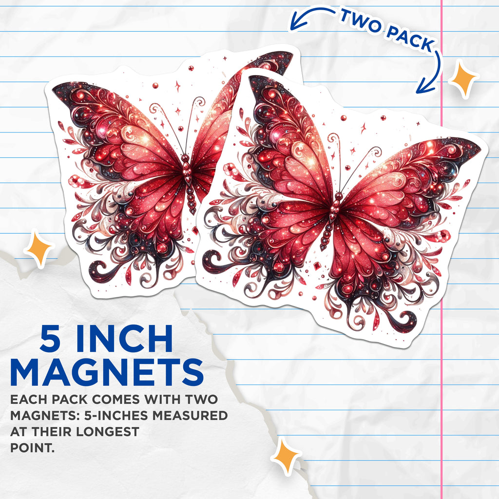 (2 Pack) Red Butterfly Magnets - Fantasy Celestial Art - Whimsical Fridge Decor - 5 Inches On Longest Side - Thick Durable Magnet - Made in USA - MAG39197