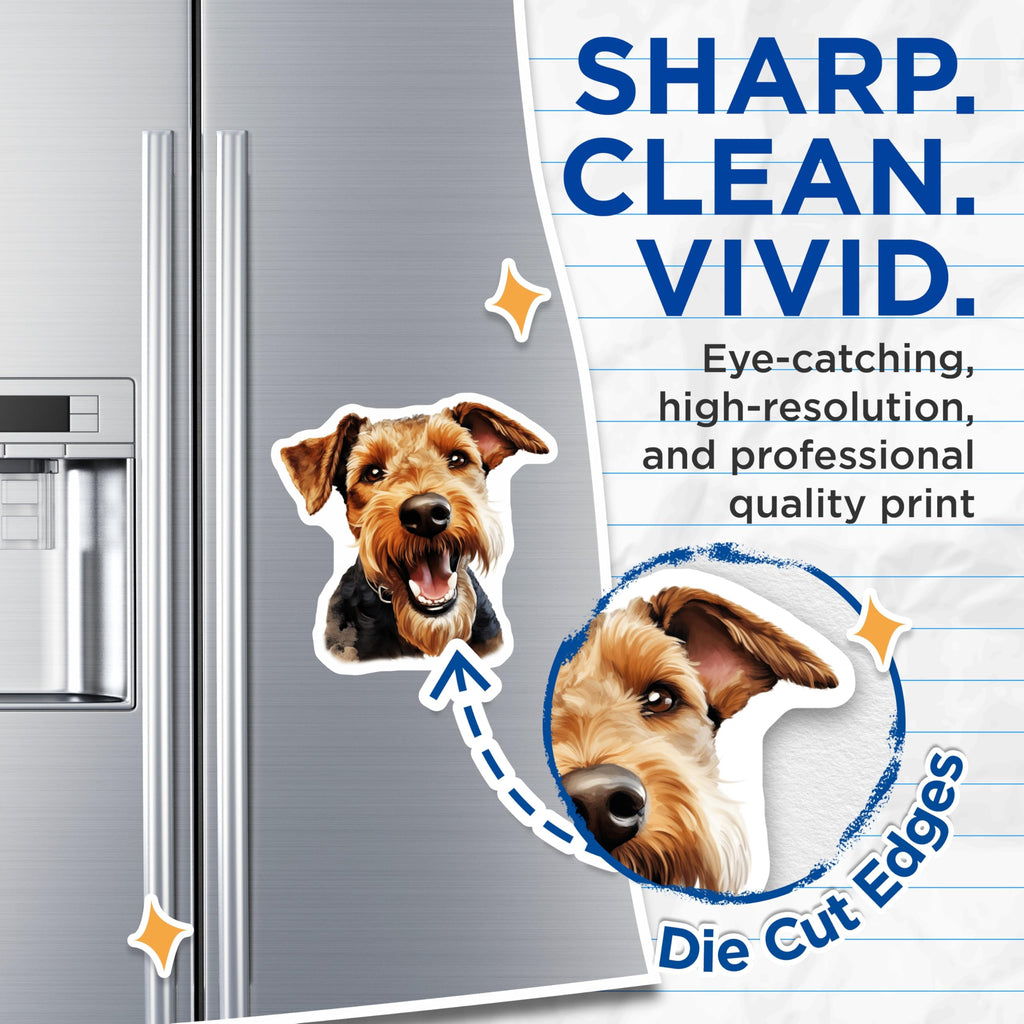 (2 Pack) Happy Airedale Terrier Magnets - Dog Lover Decor - Pet Parent Kitchen Art - 5 Inches On Longest Side - Thick Durable Magnet - Made in USA - MAG28648