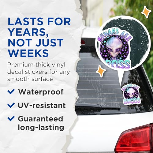 (2 Pack) Alien Head Stickers - Humans are Gross - Space Alien Humor Decal for Laptops and Water Bottles - 5" On Longest Side - Sticks to Smooth Flat Surfaces - Made in USA - BMCS7763