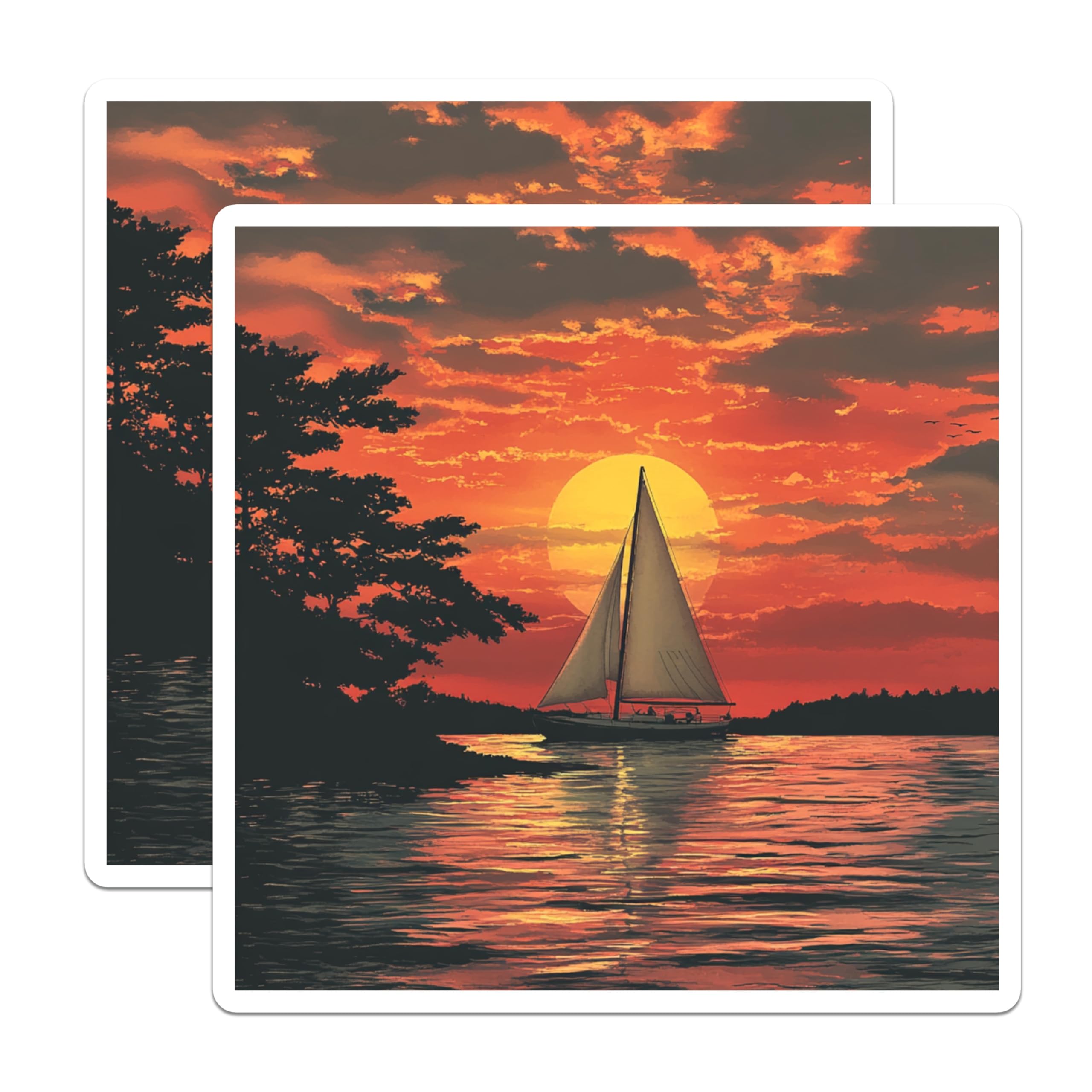 (2 Pack) Sailboat Sunset Magnets - Vibrant Seascape Art - Serene Lake Ocean View - Golden Hour Home Decor - 5 Inches On Longest Side - Thick Durable Magnet - Made in USA - MAG23662