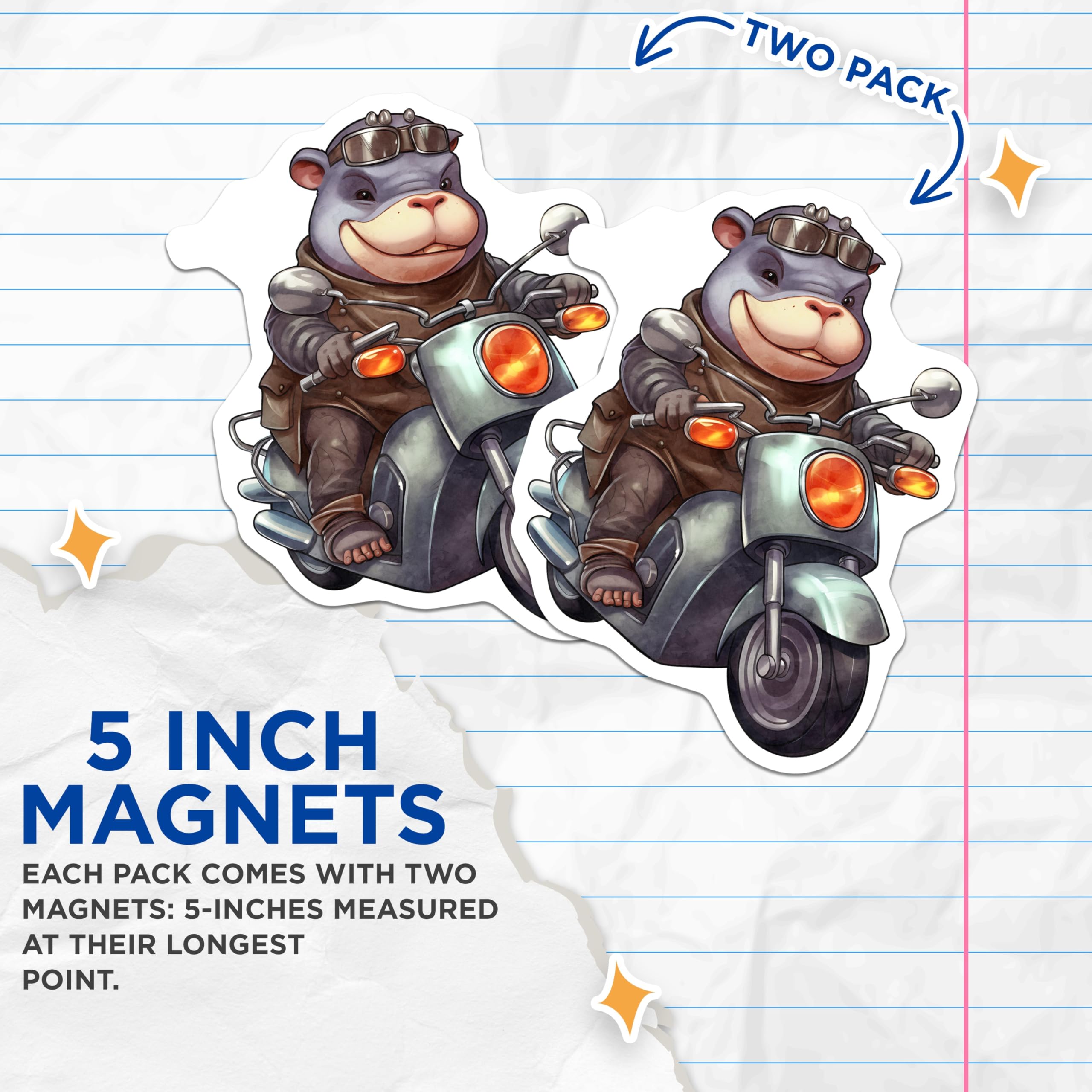 (2 Pack) Hippo on Scooter Magnets - Animal Lover Home Decor - Cartoon Biker Magnets - 5" On Longest Side - Premium Magnet - for Cars, Refrigerators, Toolboxes, Lockers - Made in USA - MAG16789