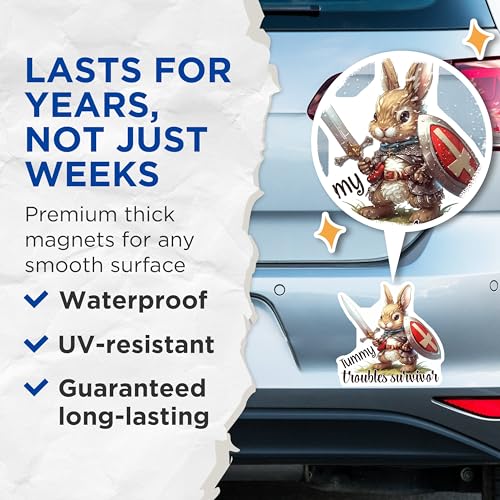 (2 Pack) Tummy Troubles Survivor Magnets - Cute Bunny Warrior - Inspirational Animal Art - Positive Quote Magnet - 5" On Longest Side - for Cars, Fridges, Toolboxes - Made in USA - MAG4354