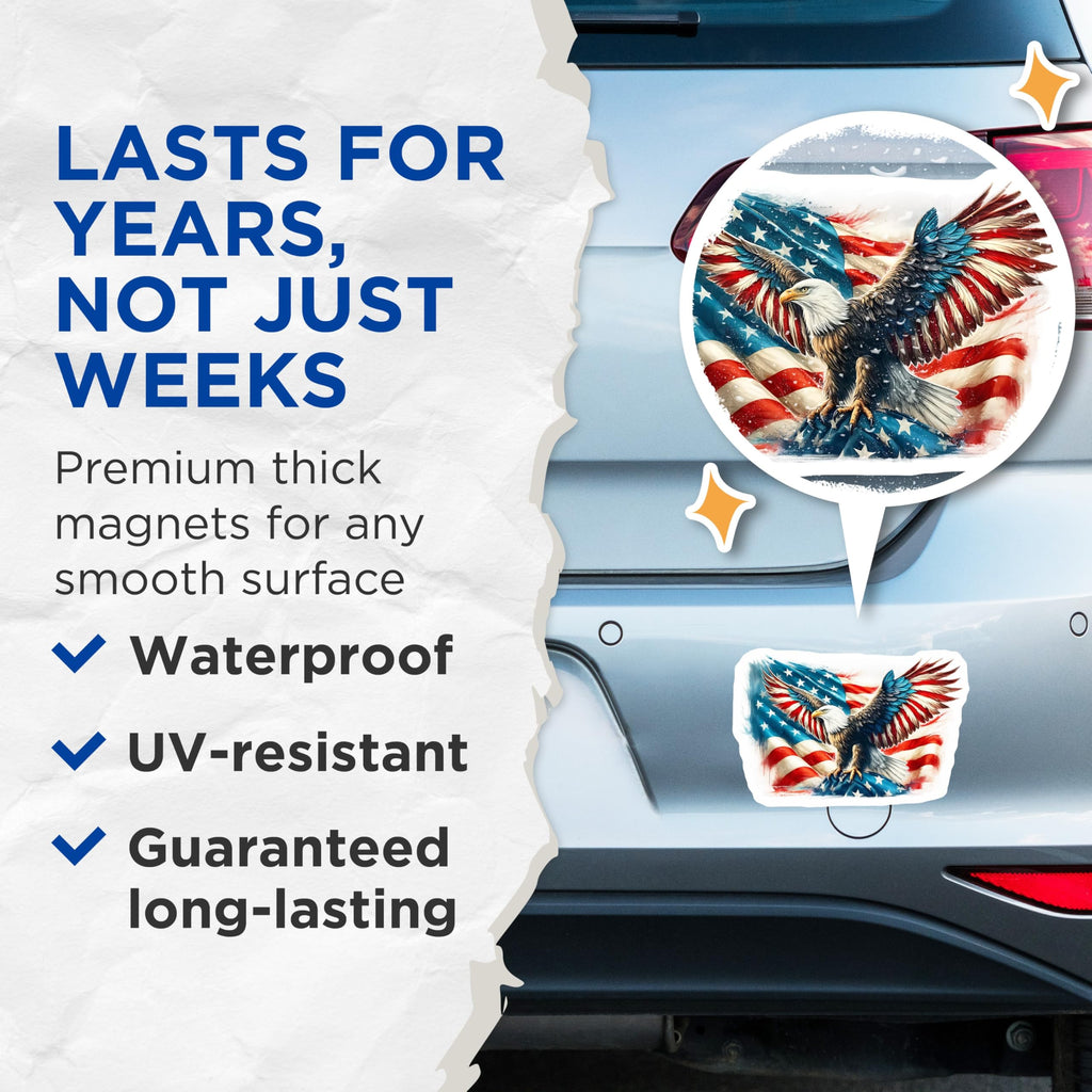 (2 Pack) Eagle American Flag Magnets - Patriotic Decor - USA Fridge Magnets - 5" On Longest Side - Premium Magnet - for Cars, Refrigerators, Toolboxes, Lockers - Made in USA - MAG15734
