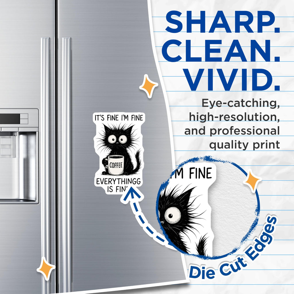 (2 Pack) Cat Coffee Magnets - Funny Feline Illustration - Everything is Fine Kitchen Decor - 5" On Longest Side - Premium Magnet - for Cars, Refrigerators, Toolboxes, Lockers - Made in USA - MAG15377