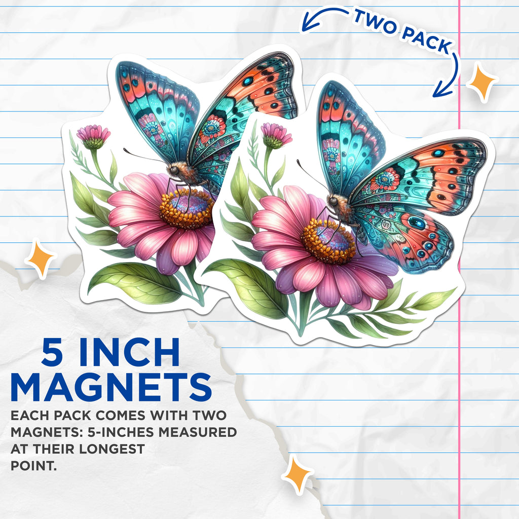 (2 Pack) Butterfly Magnets - Vibrant Floral Decor - Boho Kitchen Aesthetic - 5 Inches On Longest Side - Thick Durable Magnet - Made in USA - MAG37666