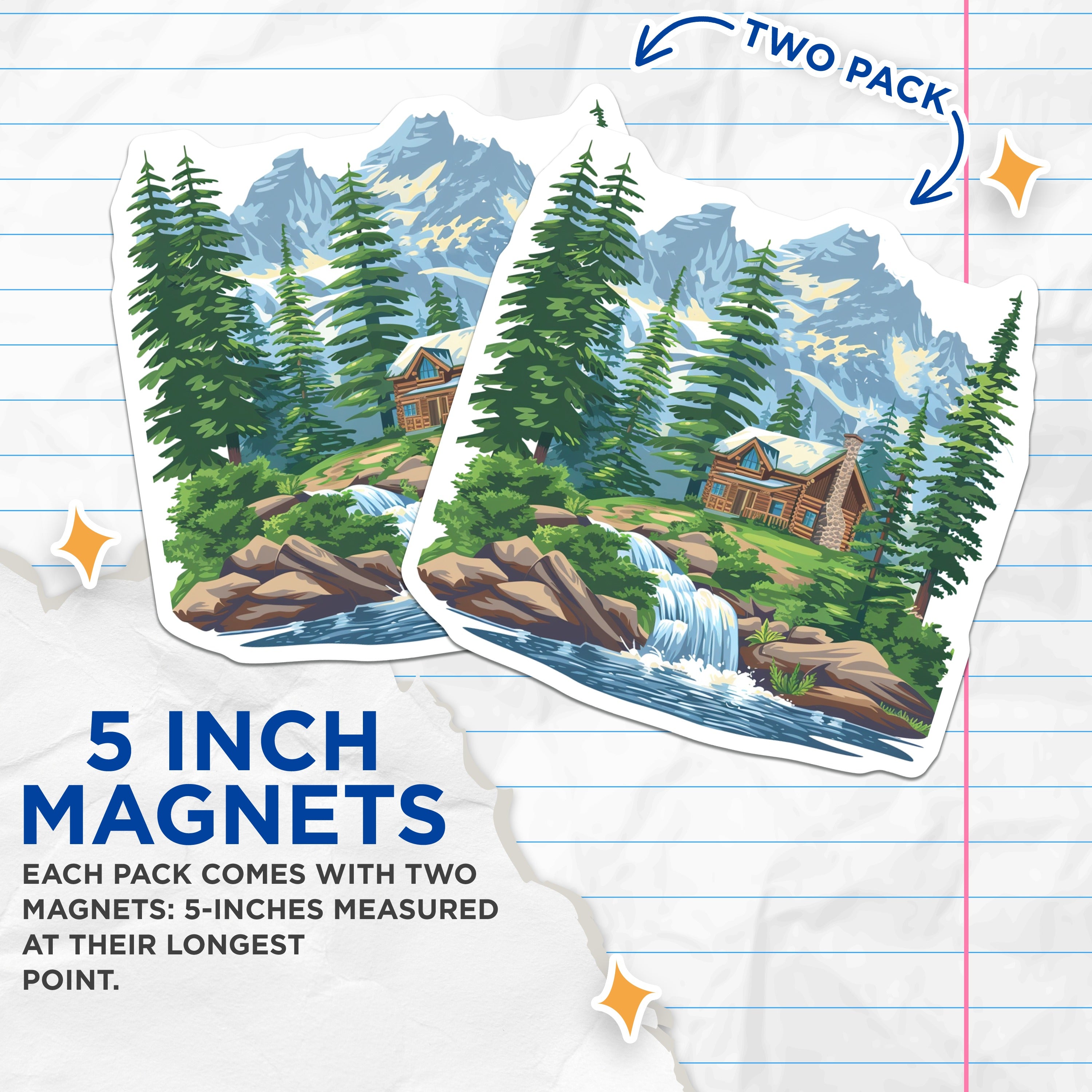 (2 Pack) Log Cabin Magnets - Mountain Landscape Decor - Waterfall Scene Refrigerator Magnets - 5 Inches On Longest Side - Thick Durable Magnet - Made in USA - MAG36226