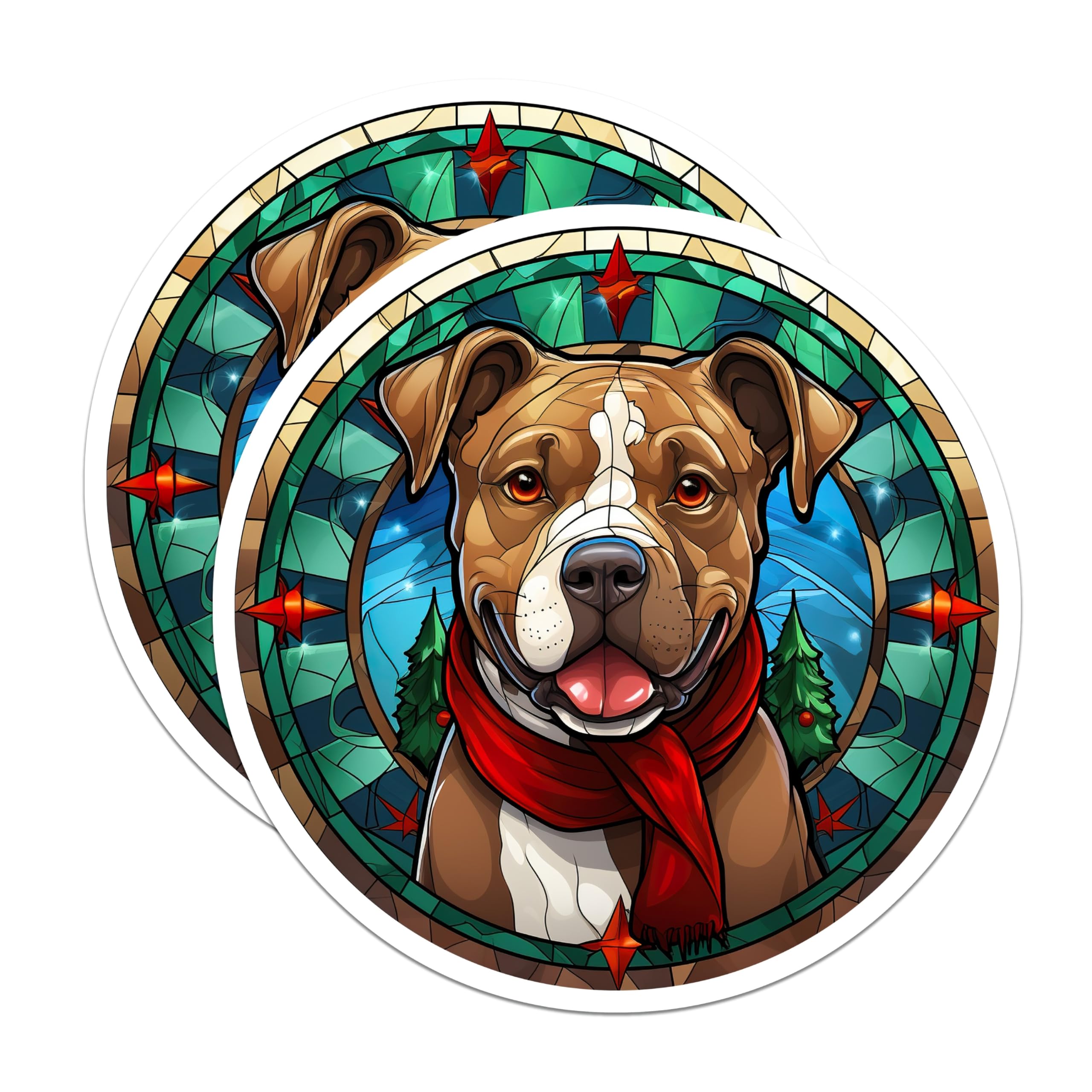 (2 Pack) Christmas Pitbull Magnets - Stained Glass Dog Art - Holiday Pet Lover Decor - 5 Inches On Longest Side - Thick Durable Magnet - Made in USA - MAG25745