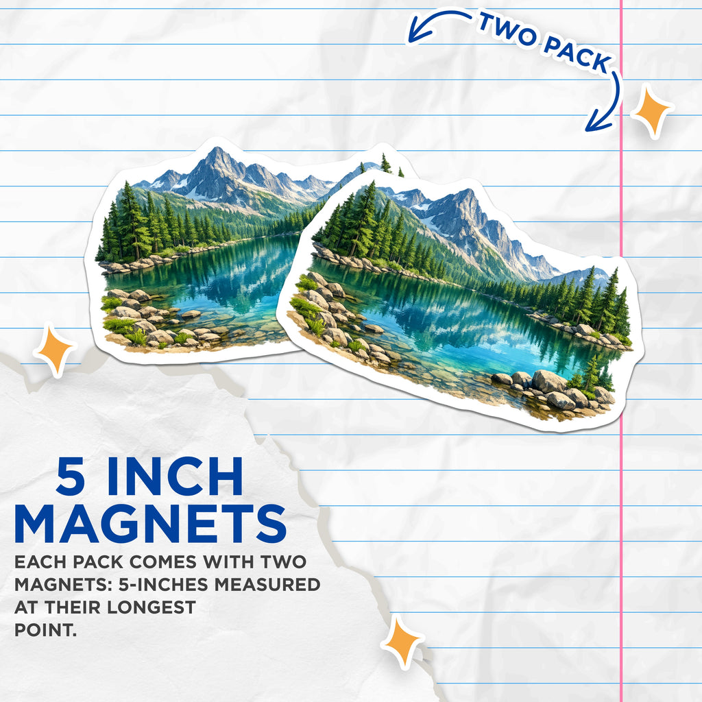 (2 Pack) Mountain Lake Magnets - Nature Landscape Scene - Wilderness Art Decor - 5 Inches On Longest Side - Thick Durable Magnet - Made in USA - MAG37443