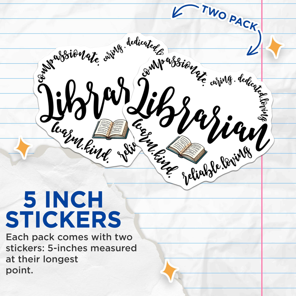 (2 Pack) Librarian Stickers - Heart Librarian - Librarian Appreciation - 5" On Longest Side - Sticks to Smooth Flat Surfaces - Made in USA - BMCS15374