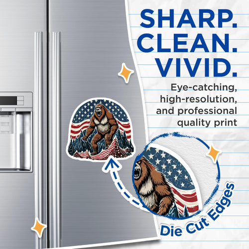 (2 Pack) American Bigfoot Magnets - Patriotic Sasquatch Art with USA Flag Mountains - Legendary Forest Creature Outdoor Decor - 5 Inches On Longest Side - Thick Durable Magnet - Made in USA - MAG21040