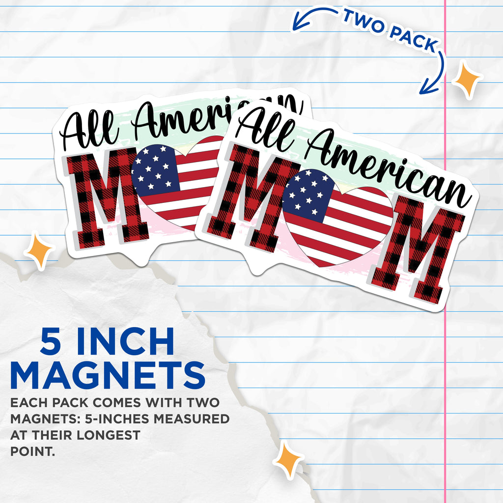 (2 Pack) All American Mom Refrigerator Magnets - Patriotic USA Flag Decor - Buffalo Plaid Heart - Mothers Day Home Kitchen - 5 Inches On Longest Side - Thick Durable Magnet - Made in USA - MAG39067