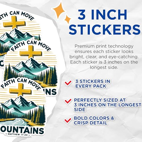 (3 Pack) Faith Can Move Mountains Decals - Christian Laptop Stickers - Inspirational Quote Decals - 3 Inches On Longest Side - Easy Peel & Apply - Made in USA - 3MCS1633