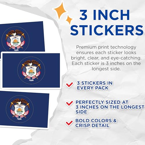 (3 Pack) Utah State Flag Decals - Laptop Decals - US State Decal - 3 Inches On Longest Side - Easy Peel & Apply - Made in USA - 3MCS0216