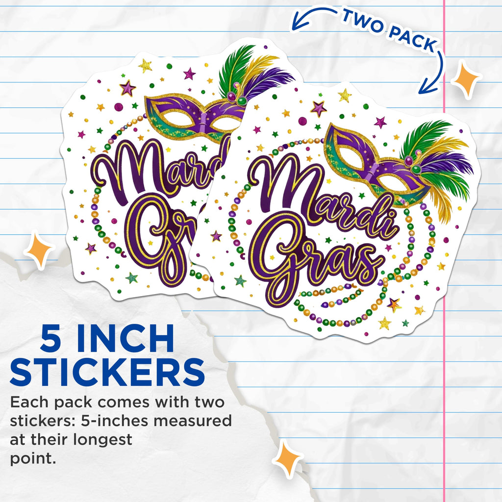 (2 Pack) Mardi Gras Stickers - Celebration Mask - Carnival Stickers - 5" On Longest Side - Sticks to Smooth Flat Surfaces - Made in USA - BMCS17037