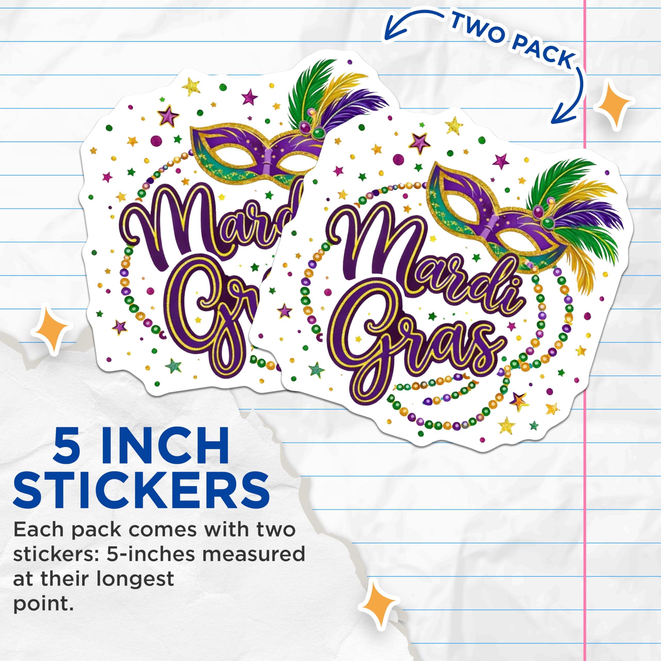 (2 Pack) Mardi Gras Stickers - Celebration Mask - Carnival Stickers - 5" On Longest Side - Sticks to Smooth Flat Surfaces - Made in USA - BMCS17037