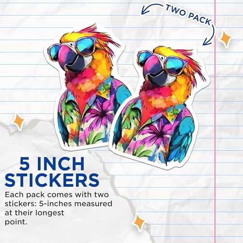 (2 Pack) Tropical Parrot Cool Sunglasses Stickers - Hawaiian Shirt Bird Art - Colorful Parrot Illustration - 5" On Longest Side - Sticks to Smooth Flat Surfaces - Made in USA - BMCS9511
