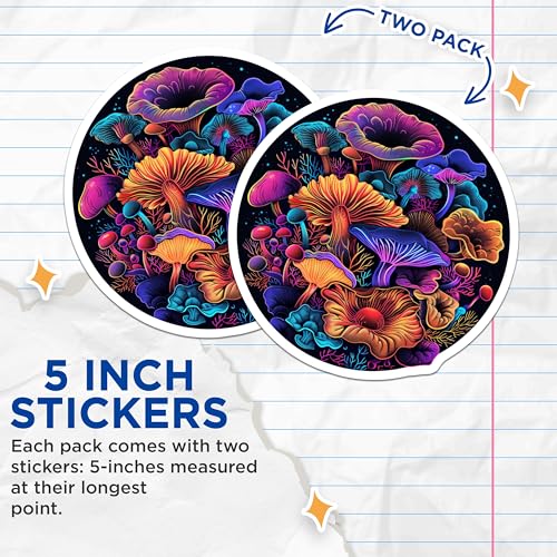 (2 Pack) Vibrant Mushroom Stickers - Trippy Fungi Sticker - Colorful Psychedelic Art Stickers - 5" On Longest Side - Sticks to Smooth Flat Surfaces - Made in USA - BMCS6505