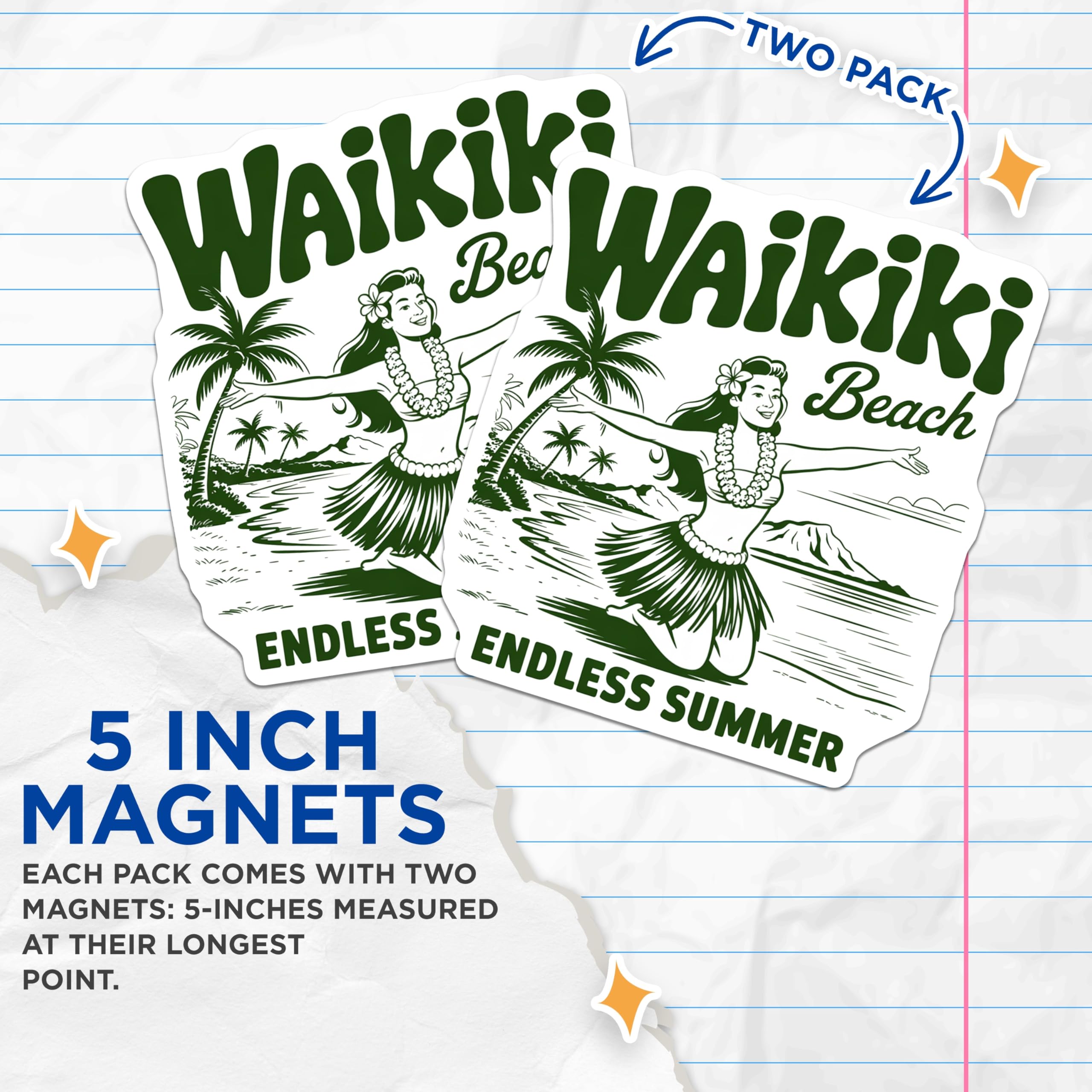 (2 Pack) Waikiki Beach Hawaiian Vacation Magnets - Hula Girl Island Souvenir - Tropical Paradise Refrigerator Decor - 5 Inches On Longest Side - Thick Durable Magnet - Made in USA - MAG19688