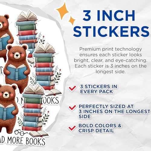 (3 Pack) Read More Books Decals - Bear Reader Stickers - Laptop Decal - 3 Inches On Longest Side - Easy Peel & Apply - Made in USA - 3MCS1565