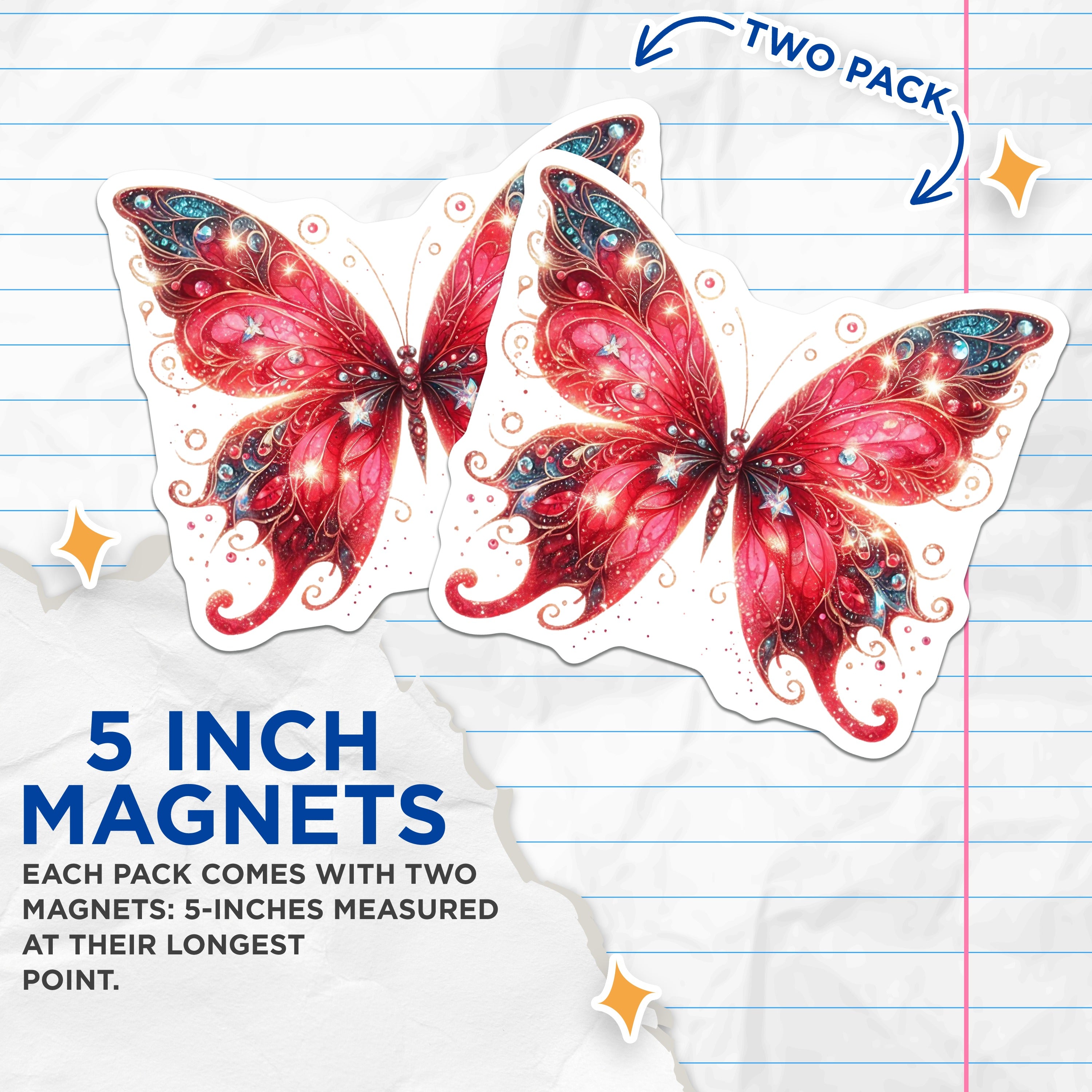(2 Pack) Magical Butterfly Magnets - Red Sparkle Fairycore Decor - Celestial Jewel Wing Art - 5 Inches On Longest Side - Thick Durable Magnet - Made in USA - MAG36059