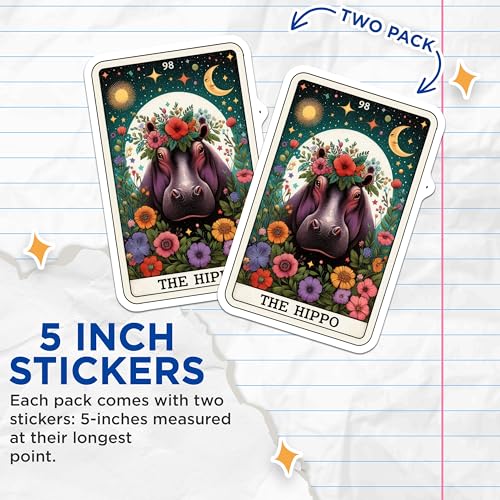 (2 Pack) The Hippo Stickers - Psychedelic Animal Art Stickers - Colorful Floral Hippo Stickers - 5" On Longest Side - Sticks to Smooth Flat Surfaces - Made in USA - BMCS5435