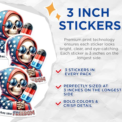 (3 Pack) Freedom Reaper Decals - American Flag Design - Patriotic Laptop Decals - 3 Inches On Longest Side - Easy Peel & Apply - Made in USA - 3MCS6685