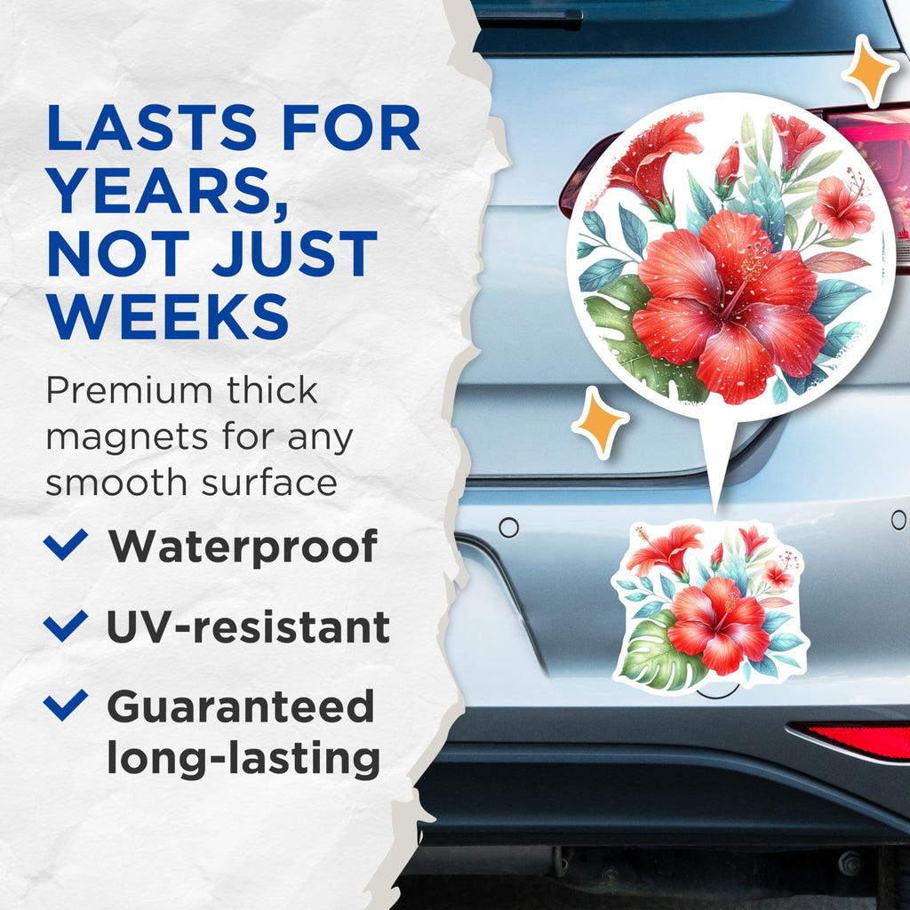 (2 Pack) Red Hibiscus Magnets - Tropical Flower Artwork - Monstera Leaf Botanical Decor - Aloha Blossom Fridge Magnets - 5 Inches On Longest Side - Thick Durable Magnet - Made in USA - MAG21468