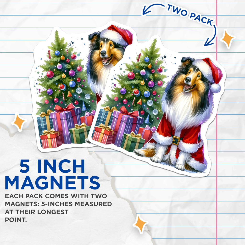 (2 Pack) Christmas Collie Magnets - Santa Dog Holiday Decor - Festive Pet Lover Refrigerator Kitchen Decoration - 5 Inches On Longest Side - Thick Durable Magnet - Made in USA - MAG26807