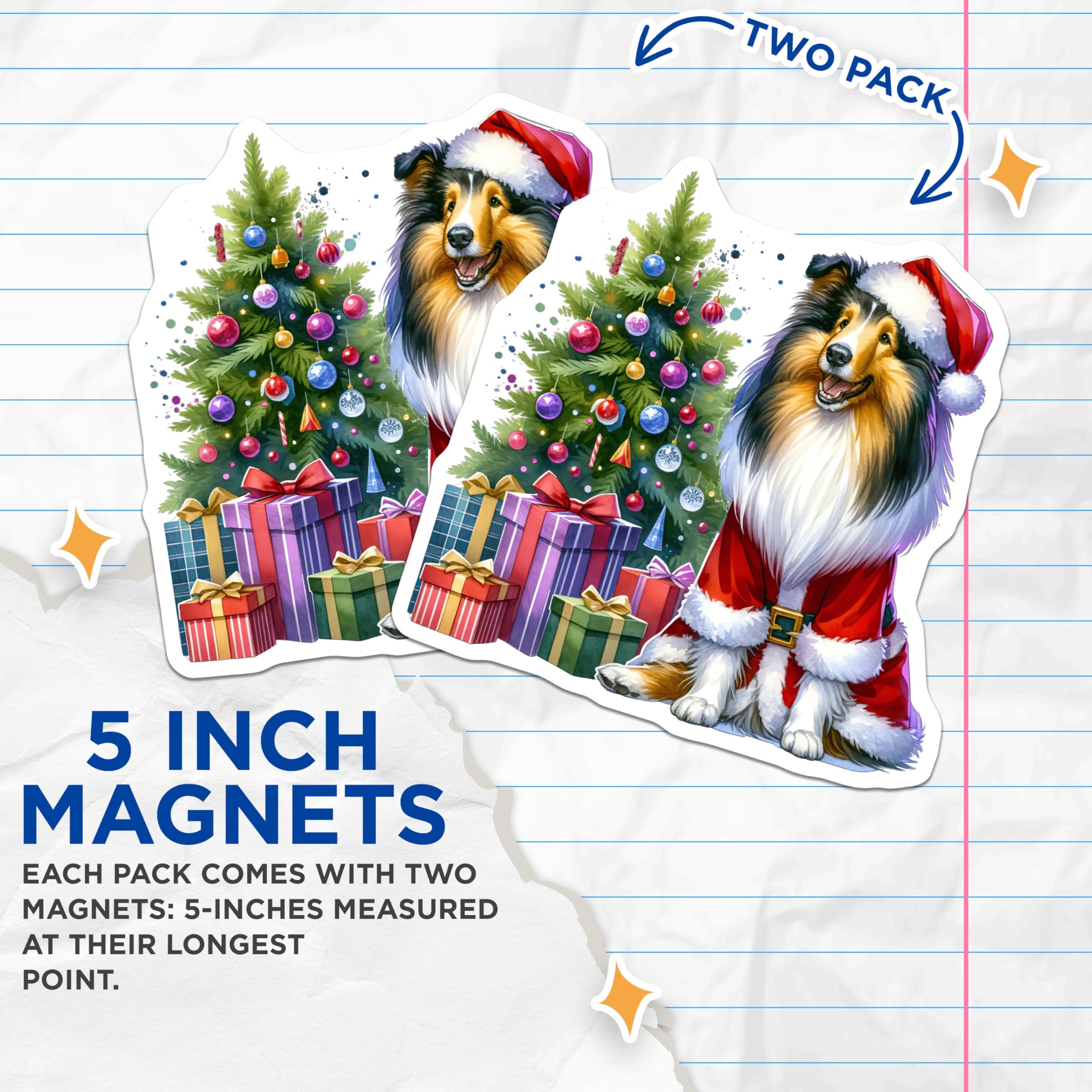 (2 Pack) Christmas Collie Magnets - Santa Dog Holiday Decor - Festive Pet Lover Refrigerator Kitchen Decoration - 5 Inches On Longest Side - Thick Durable Magnet - Made in USA - MAG26807
