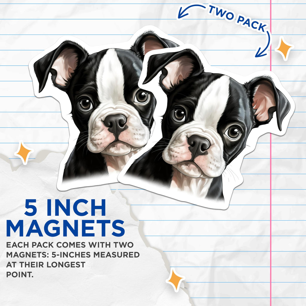 (2 Pack) Boston Terrier Magnets - Cute Puppy Dog - Fridge Decor - 5 Inches On Longest Side - Thick Durable Magnet - Made in USA - MAG30593