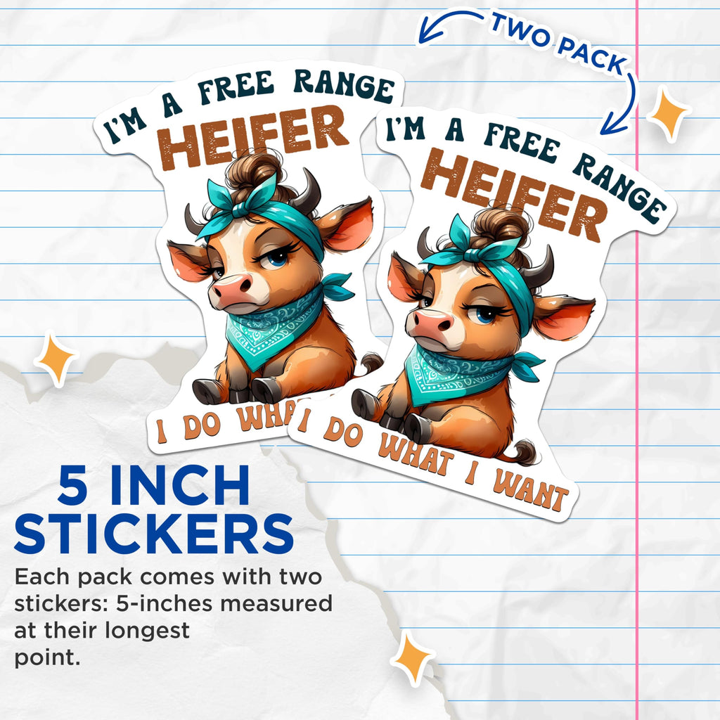 (2 Pack) I'm A Free Range Heifer Stickers - Funny Farm Animal Stickers - Cute Cow Decals for Laptops and Water Bottles - 5" On Longest Side - Sticks to Smooth Flat Surfaces - Made in USA - BMCS3776