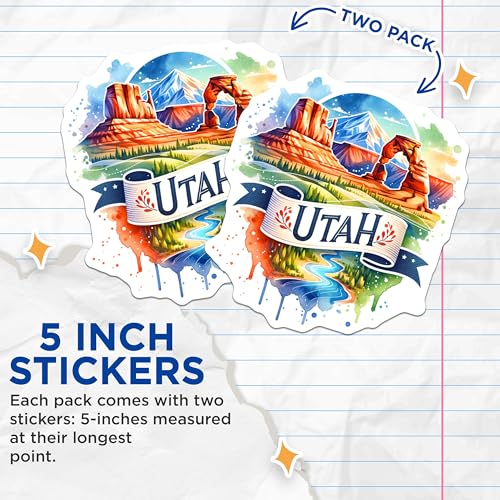 (2 Pack) Utah Travel Stickers - Scenic Nature Art - Southwest Adventure Decor - 5" On Longest Side - Sticks to Smooth Flat Surfaces - Made in USA - BMCS6943
