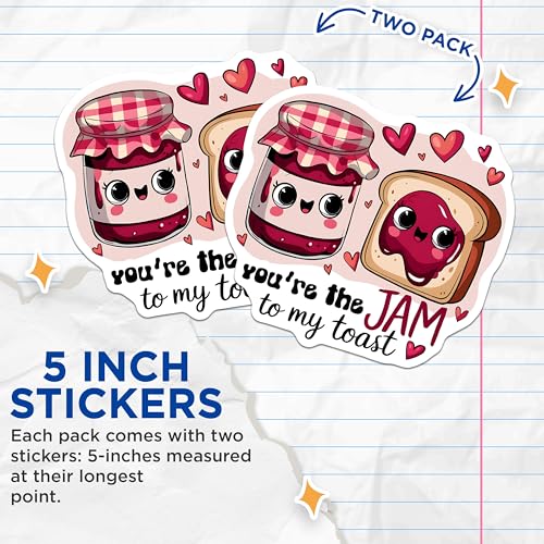 (2 Pack) Cute Food Puns Stickers - Adorable Jam and Toast Stickers - Funny Food Lover Stickers - 5" On Longest Side - Sticks to Smooth Flat Surfaces - Made in USA - BMCS5115