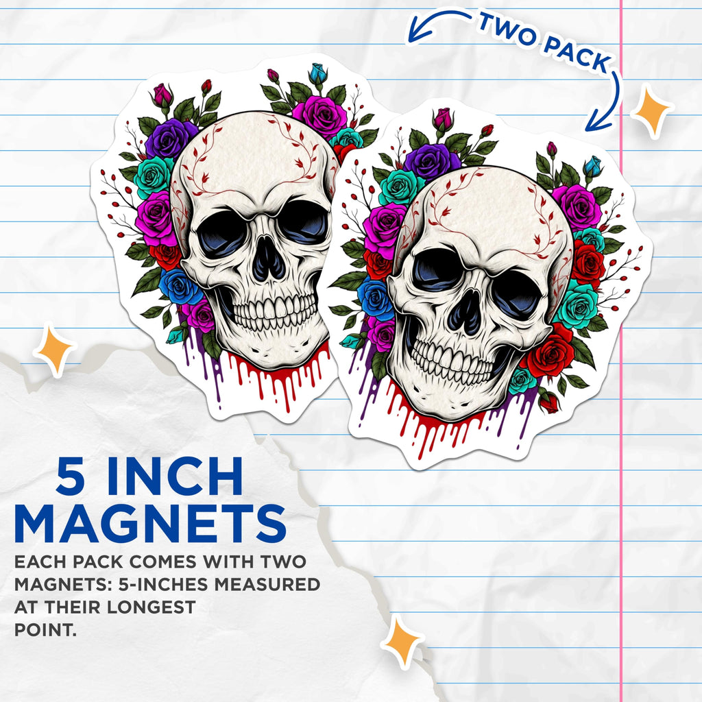 (2 Pack) Skull and Roses Magnets - Floral Skull Decor - Goth Magnets - Fridge Art - 5" On Longest Side - Premium Magnet - for Cars, Refrigerators, Toolboxes, Lockers - Made in USA - MAG16136